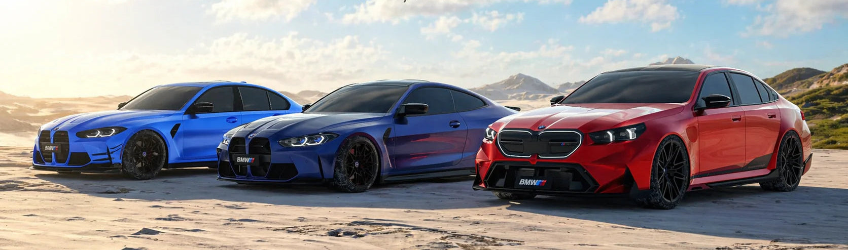 Three BMW cars on a desert road with the BMW logo above.